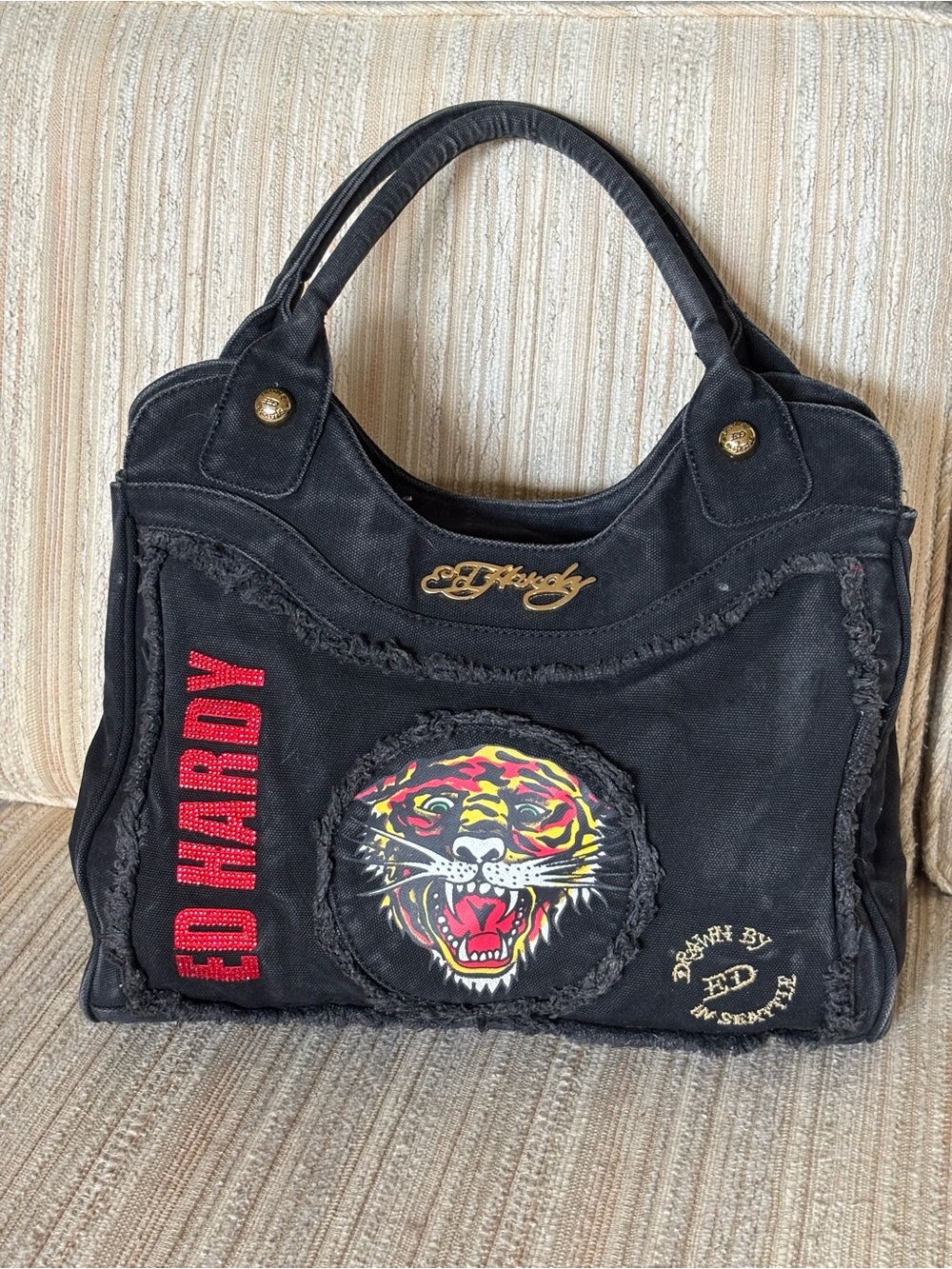 Vintage Y2K Ed Hardy by Christian Audigier Black Canvas Tiger satchel tode Bag